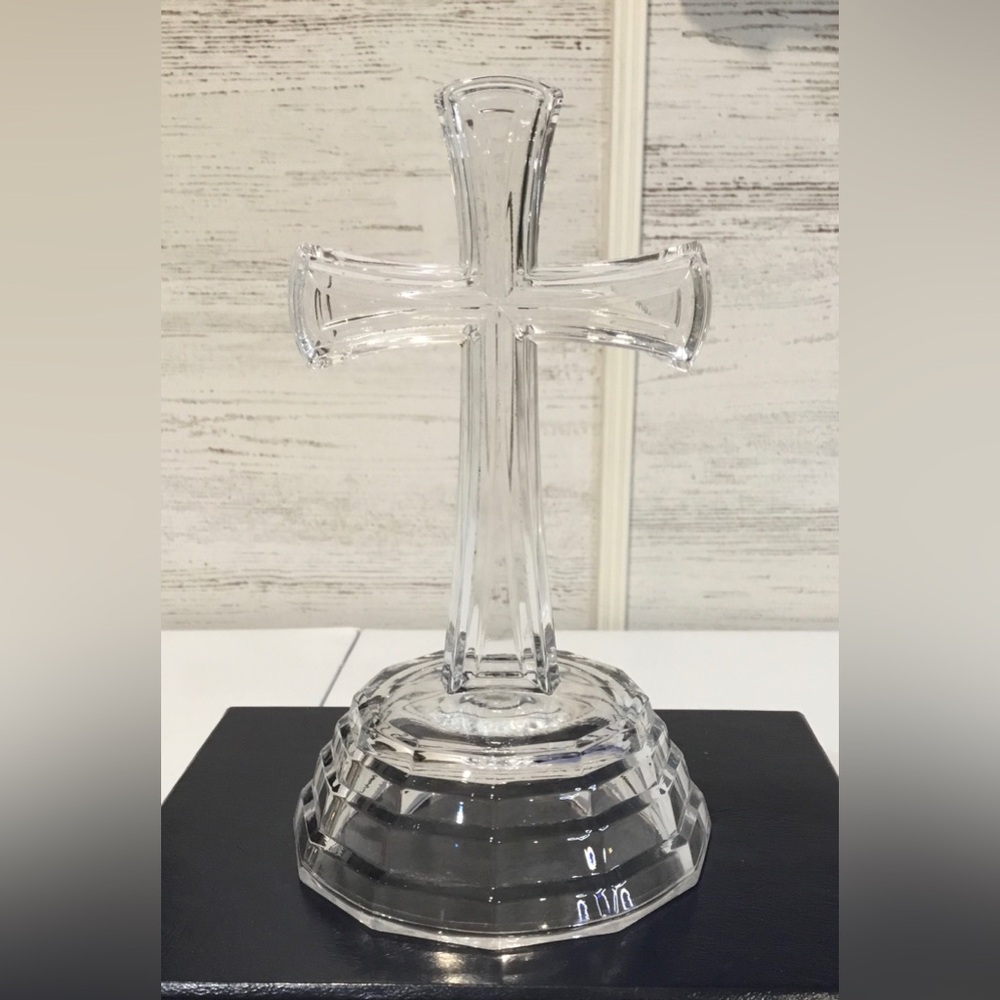 Vintage Lead Crystal Cross Figurine | Clear Glass Religious Christian Decor